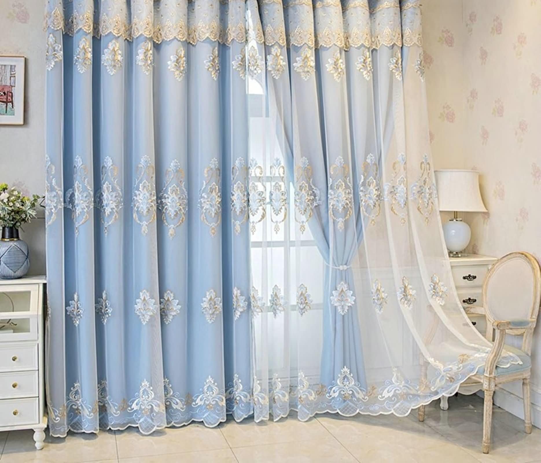 Tende Interno con Ganci, 2 x 102W x 183H CM,Tende Oscuranti Salotto 2 Pezzi Doppio Strato con Modello Pizzo Ricamo Tenda con da Interno Blu