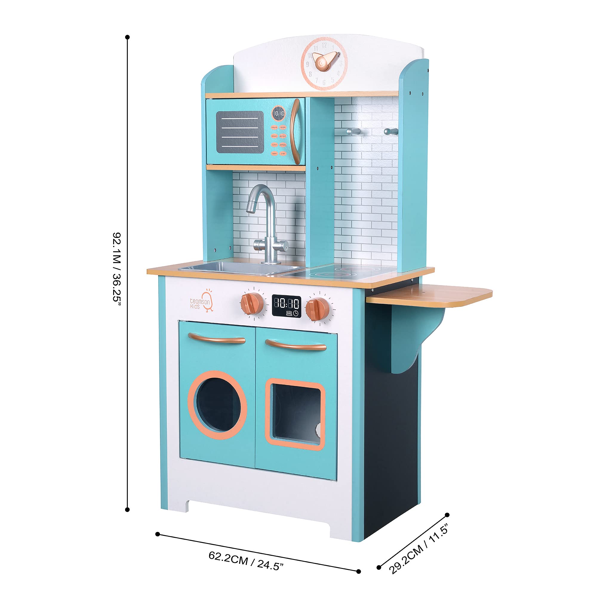Teamson Kids Mały szef mały retro drewniana zabawa kuchnia zabawka udawanie zestaw do zabawy z interaktywnymi funkcjami i 7 akcesoriami do odgrywania ról niebieski/biały TD-13629A