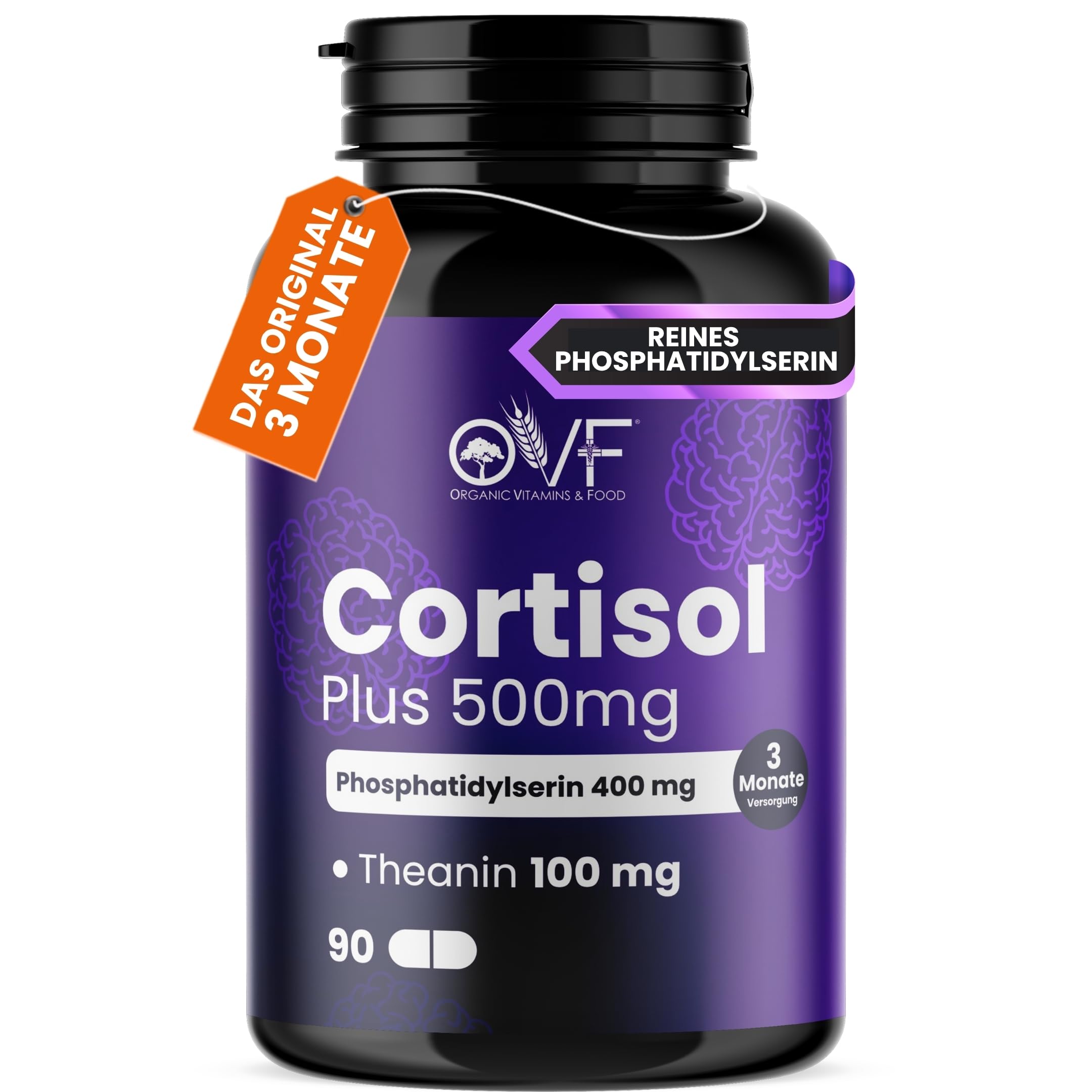 Cortisol Diet 500mg Phosphatidylserin 400mg + L-Theanin 100mg 90 Kapseln Cortisol Senken Und Sich Konzentrieren Cortisol Blocker Unterstützt Gedächtnis und Konzentration Glutenfrei Made in Italy