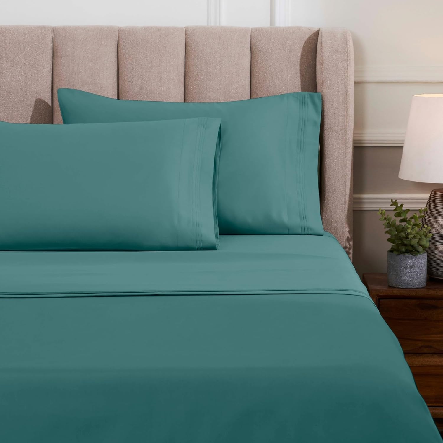 Superior Egyptian Cotton 4 Piece Sheet Set, Luxury 1000 Thread Count, Modern Design, Sustainable Sheets, Basics, Solid, Deep Pocket Fitted Sheet, Flat Sheet, Pillowcases, California King, Deep Sea