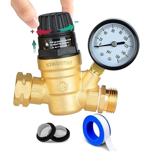 RV Water Pressure Regulator for RV Camper. Brass Lead-Free Adjustable Camper Water Pressure Regulator with 0-160 PSI Gauge ,Reducer Valve W Filter,Package includes 1 raw tape for water pipes.