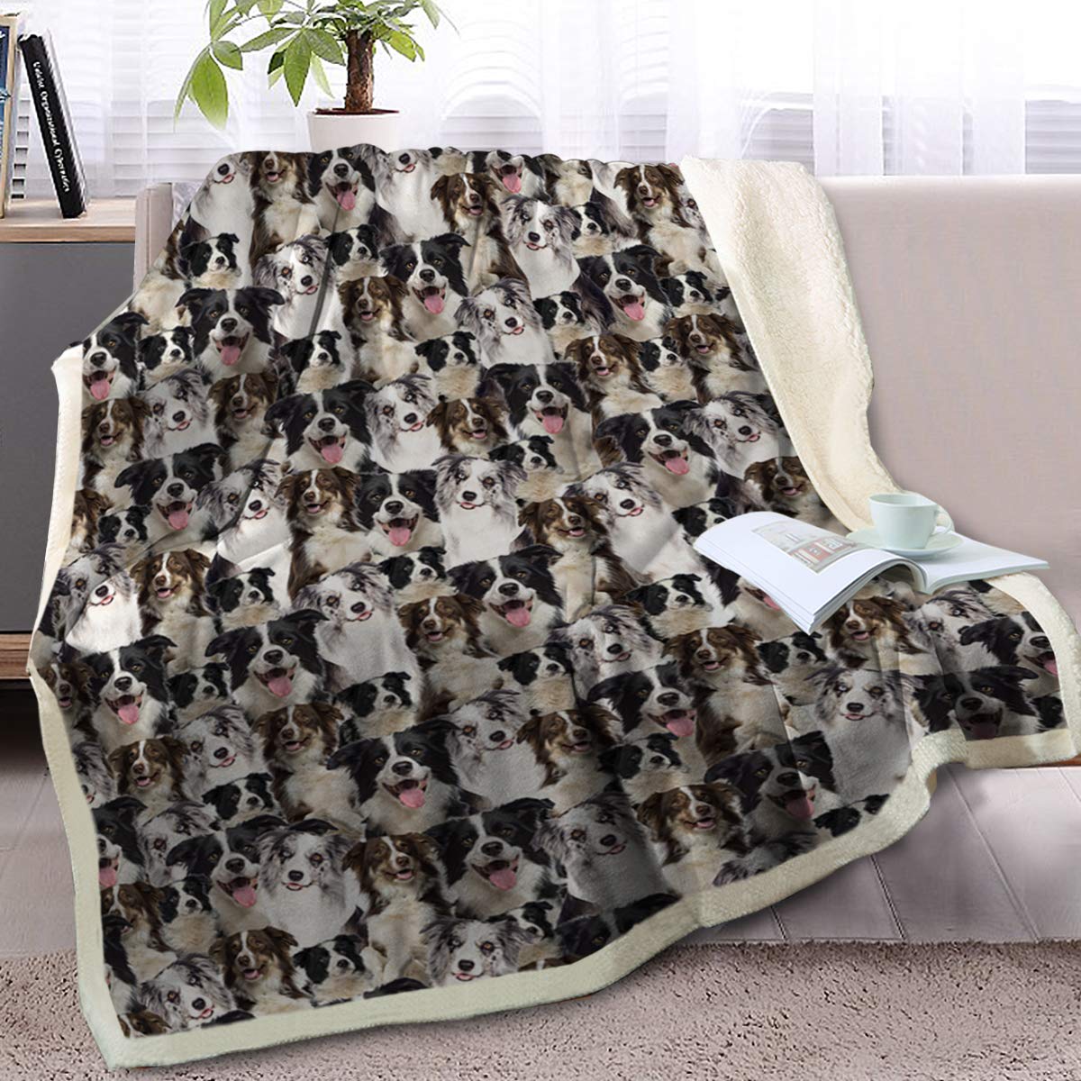 Blessliving Border Collie Fuzzy Dogs Blanket For Kids Adults Cute Puppy Fleece Blanket Reversible Animal Pattern Sherpa Throw Travel/Single (,130X150cm)
