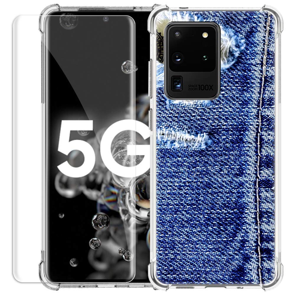 SHUMEI Galaxy S20 Ultra Case with Screen Protector,Clear Soft TPU Bumper Protective Cover for Samsung S20 Ultra Creative Personality Design (Denim)