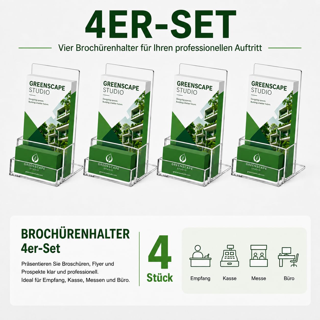 Juego de 4 soportes para folletos de acrílico A6, soporte transparente para folletos con compartimento para tarjetas de visita integrado, soporte para folletos de mesa para mostrador