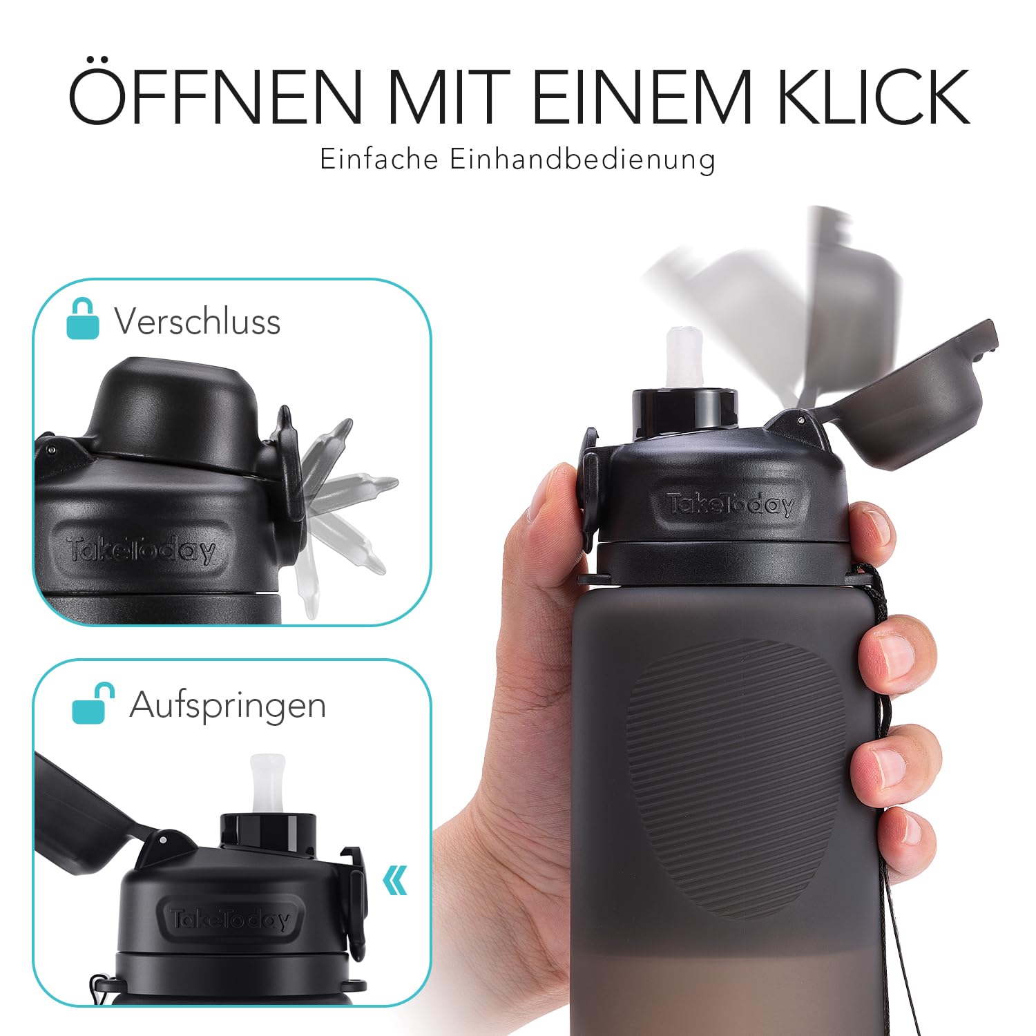 TakeToday Faltbare Trinkflasche 1000ml, Zusammenklappbare Trinkflasche, BPA-frei, aus Silikon, auslaufsicher – ideal zum Wandern, für internationale Reisen & Outdoor-Aktivitäten, Schwarz