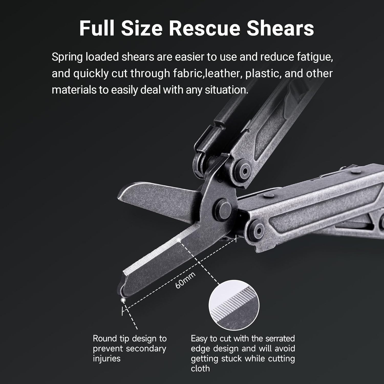 Close-up of the PIONEER Multi-tool's full-size rescue shears with serrated edge