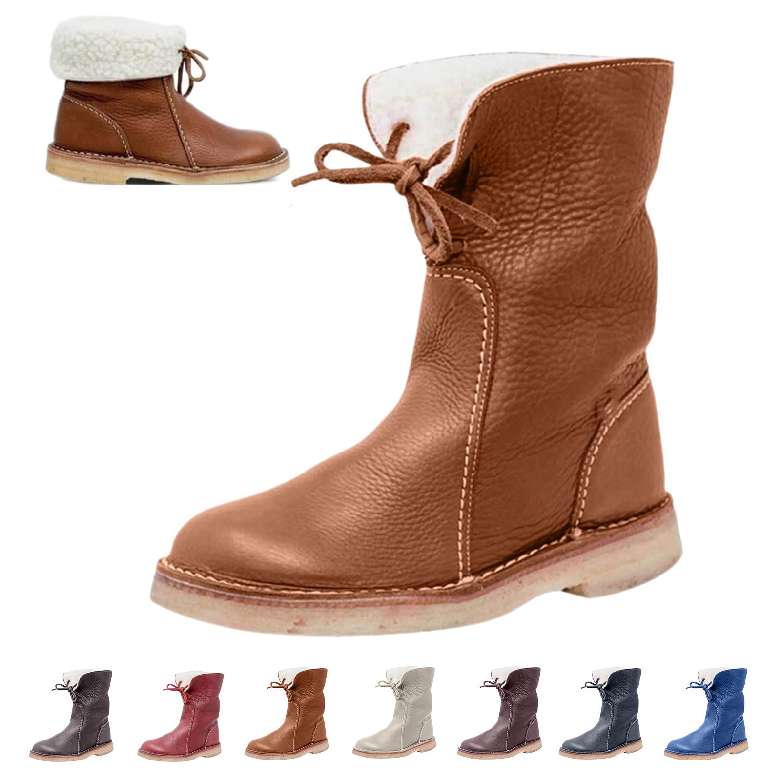 Womens Mid Calf Leather Boots - Fold Over Chunky Low Heel Platform Boot Vintage Buttery-Soft Waterproof Wool Lining