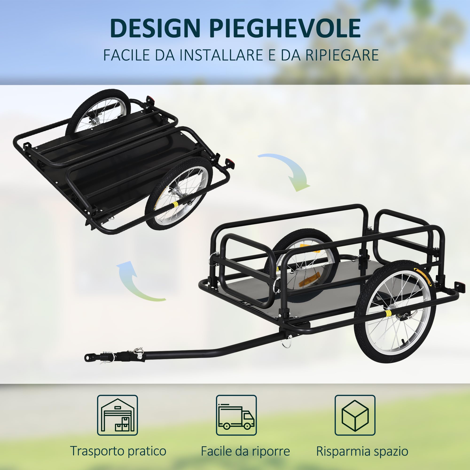 HOMCOM Carrello Bici con Pareti Pieghevoli e Rimovibili, Gancio Universale e 2 Catarifrangenti, Rimorchio per Bici in Acciaio e PE, 139x71.5x49 cm, Nero