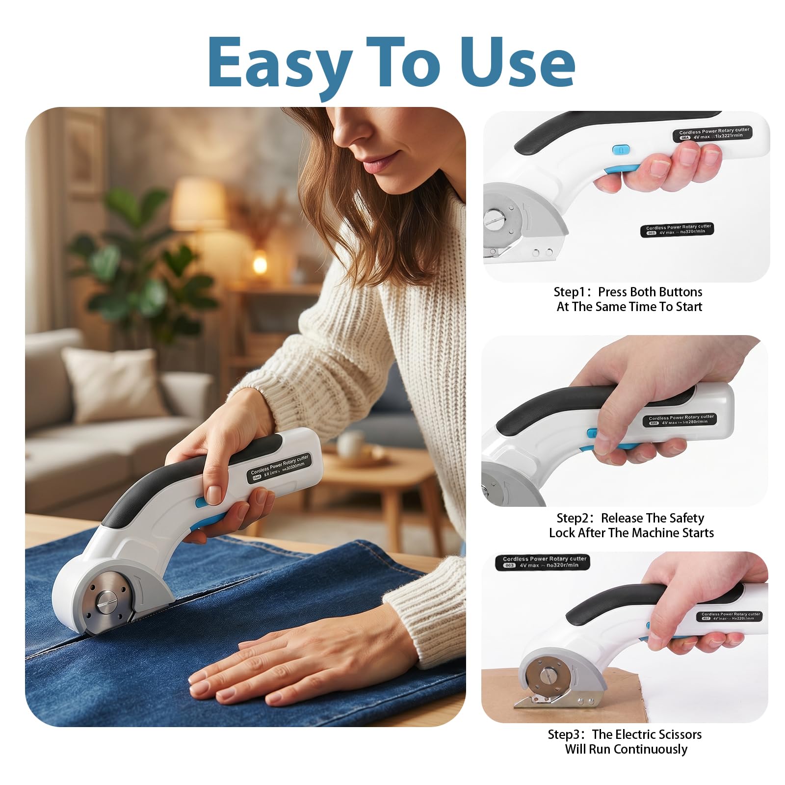 Tijeras Eléctricas Inalámbricas, Cúter Rotativo Eléctrico Recargable con Doble Cuchilla y Bloqueo de Seguridad para Cortar Cartón Tela Cuero Alfombra Herramienta Portátil