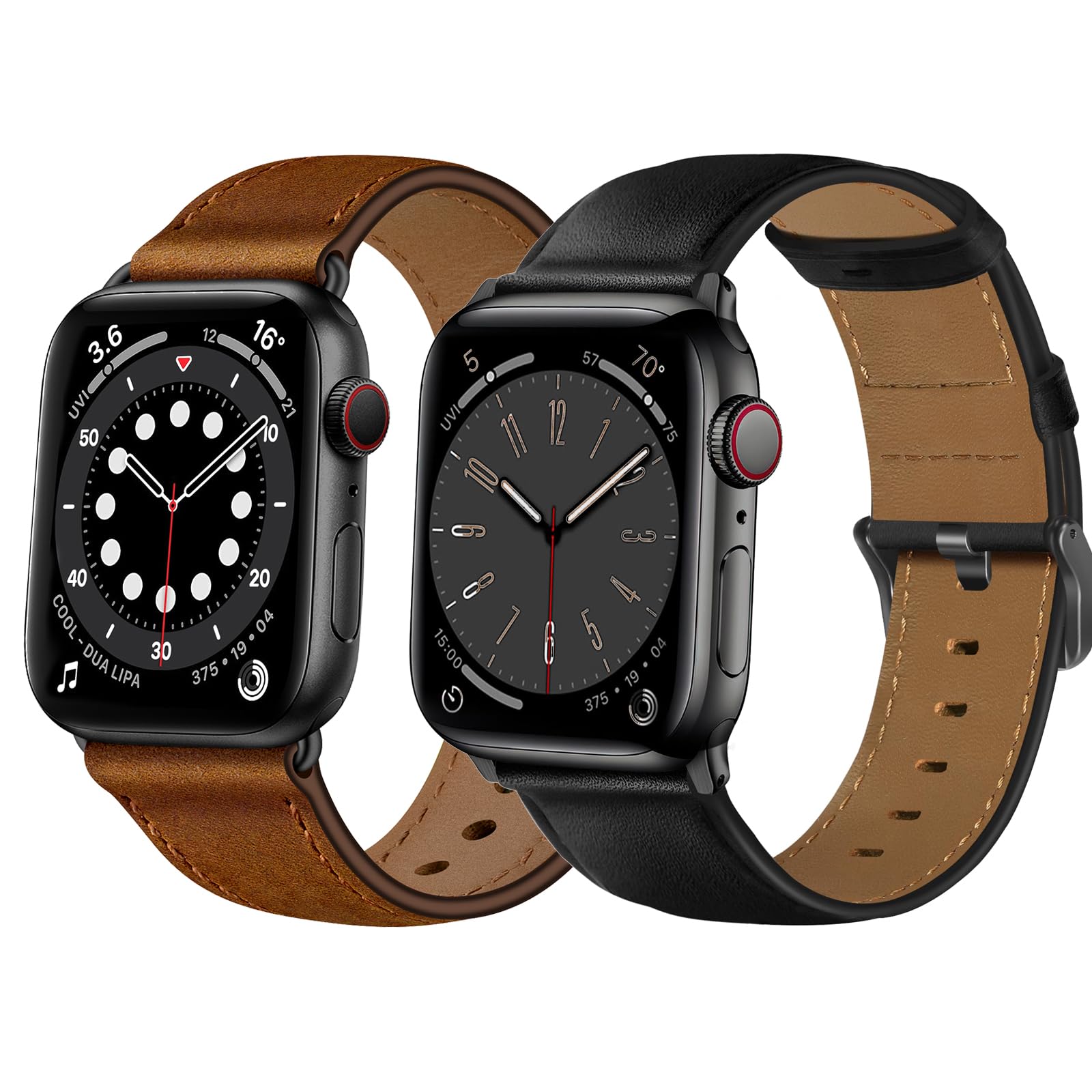 OUHENGCompatible with Apple Watch Band 49mm/46mm/45mm/44mm/42mm-Series 3 2 1, Genuine Leather Bands Strap for iWatch (Retro Brown/Black+Vintage Black/Black)