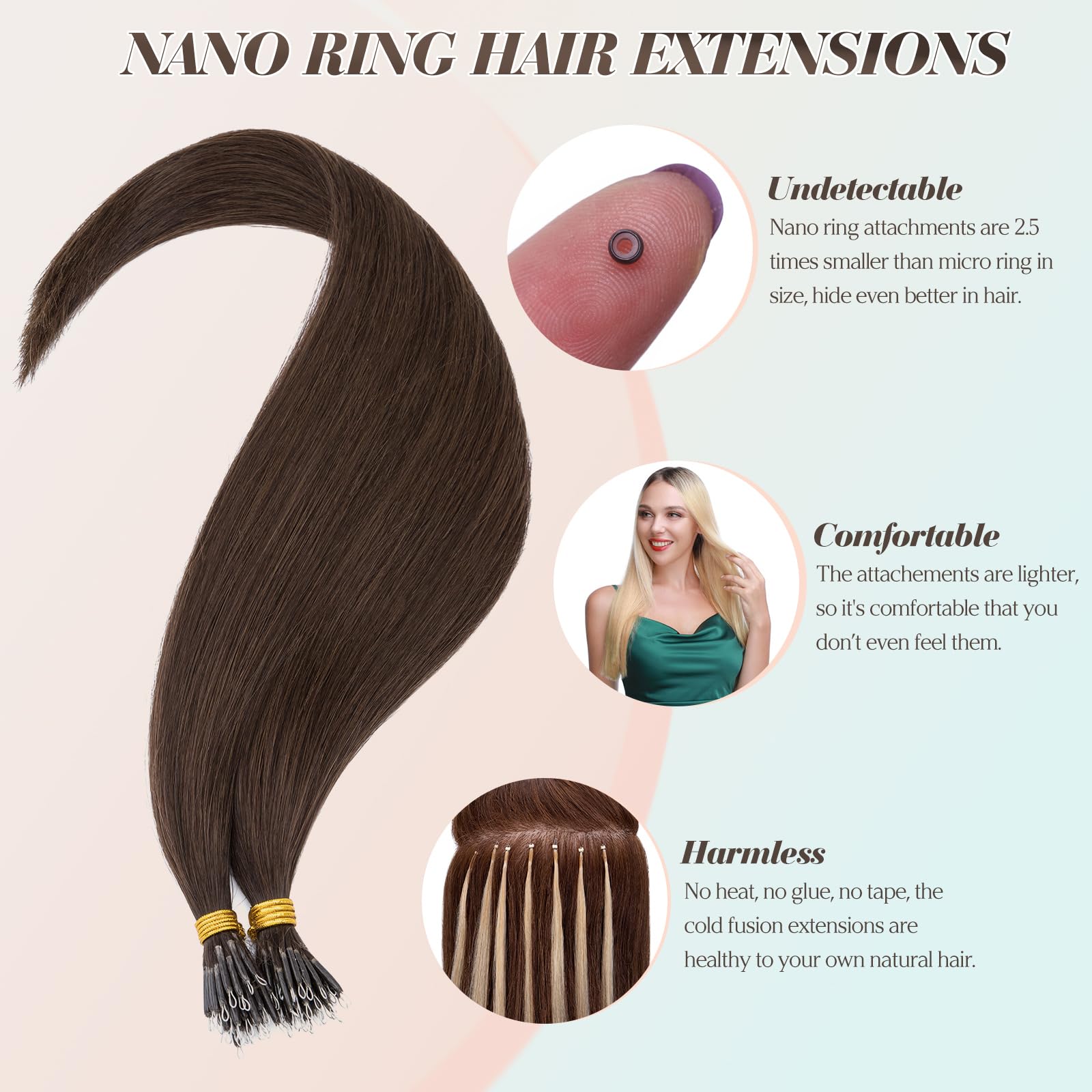 Benehair Nano Hair Extensions Straight Remy #2 Dark Brown Nano Loop Hair Extensions Real Human Hair 16 Inches (35g) - Image 2