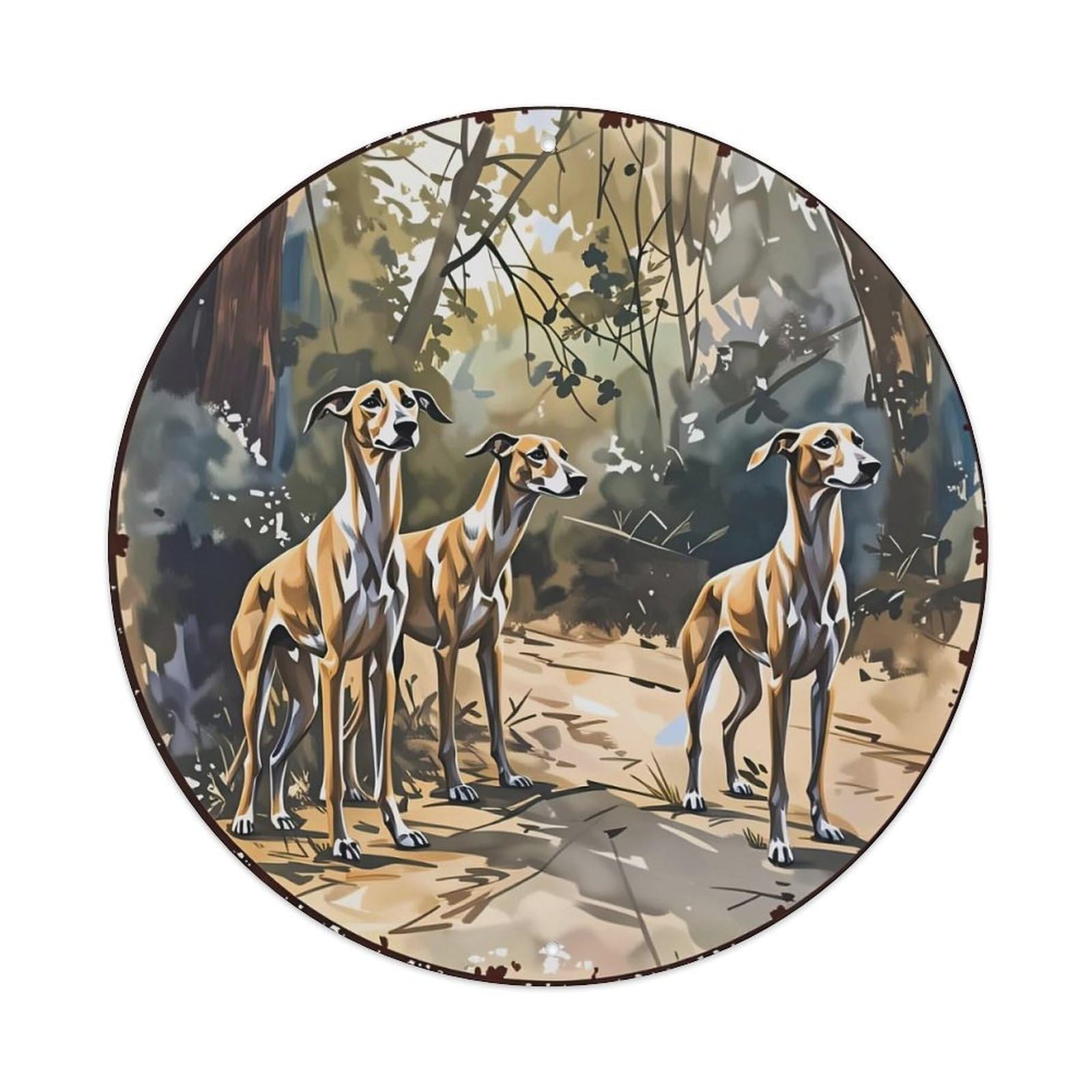 Three Dogs Forest Path Sunlight Metal Tin Sign