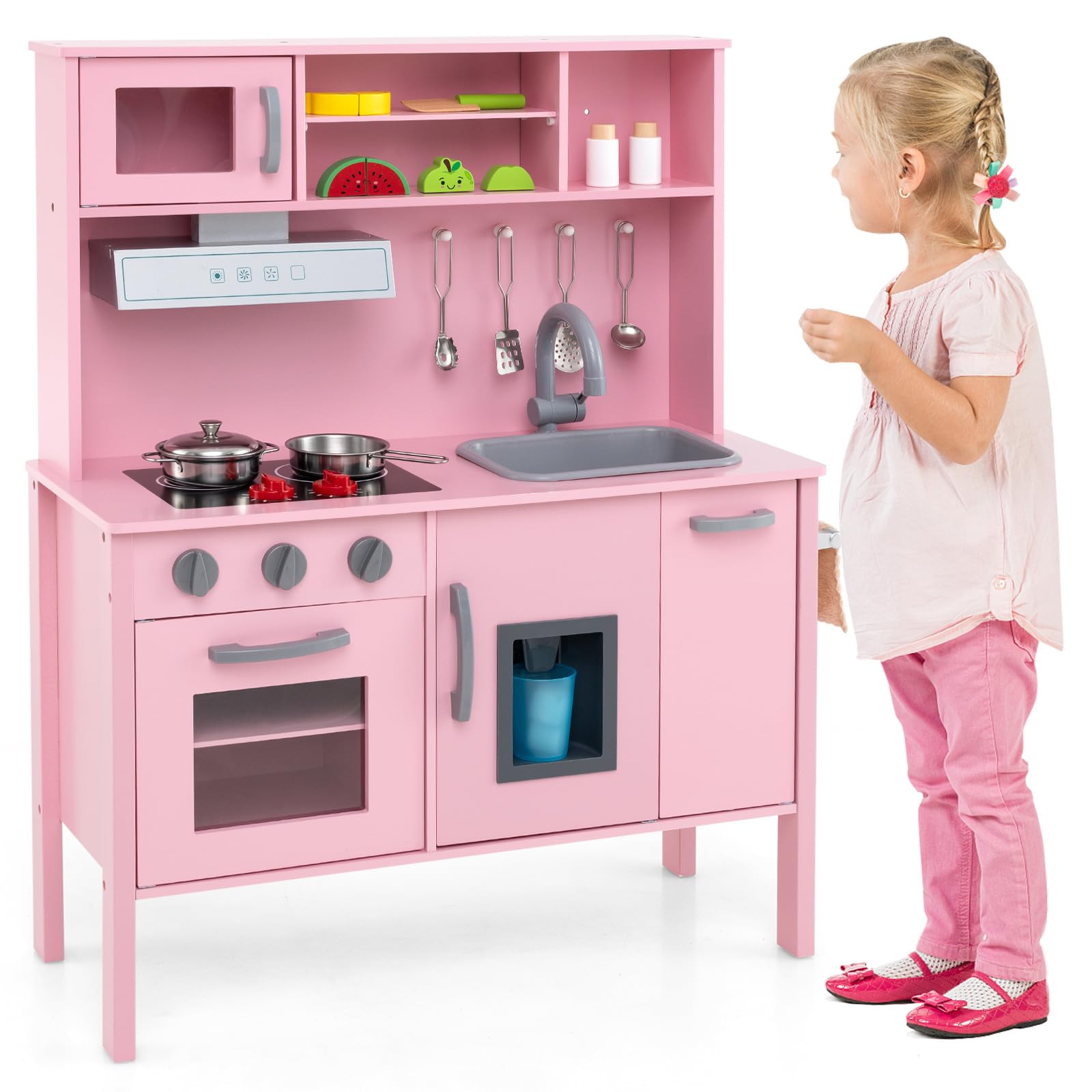 Maxmass Wooden Kids Play Kitchen, Toddler Role-play Cooking Playset with Ice Maker, Cookware Utensils, Cuttable Fruits, Range Hood, Realistic Sound, Children Pretend Kitchen for Boys Girls (Pink)