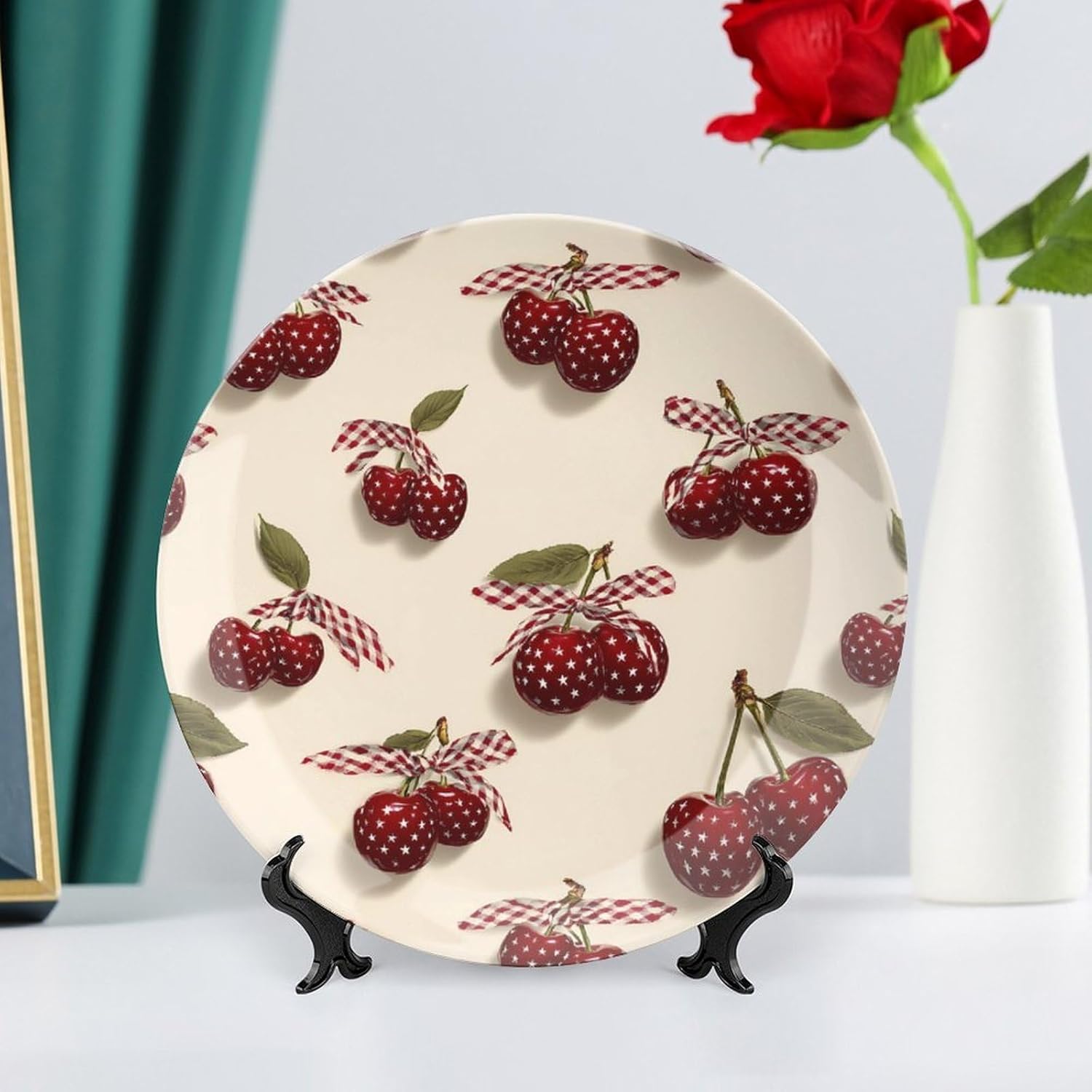 Cherry U.S. Flag Pattern Novelty Decorative Plate with Display Stand Ceramic Ornament Hanging Wall Decor