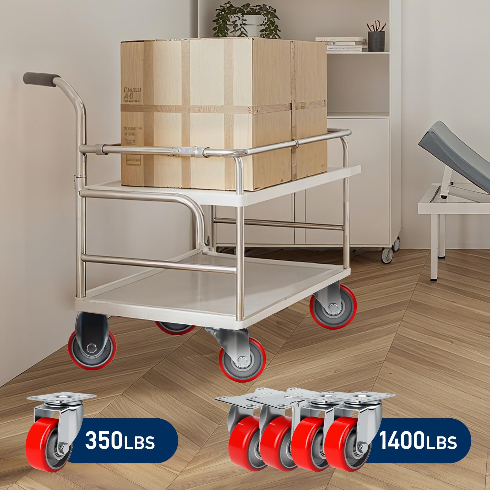 Kółka 3-calowe, udźwig 1400 funtów, poliuretanowe koła stalowe, zestaw 4 kółek o dużej wytrzymałości, ciche koła obrotowe do wózków, materiały transportowe, skrzynki narzędziowe (2 obrotowe i 2 szty