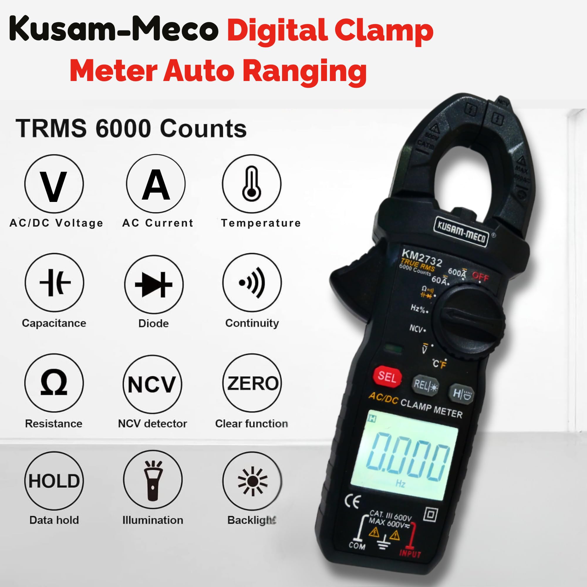 Kusam Meco KM 2732 600A AC/DC TRMS Digital Clamp Meter with Temperature, Capacitance & Frequency Measurement | 6000 Counts Backlit LCD | CAT III 600V Electrician Multimeter with Test Leads & Case 4