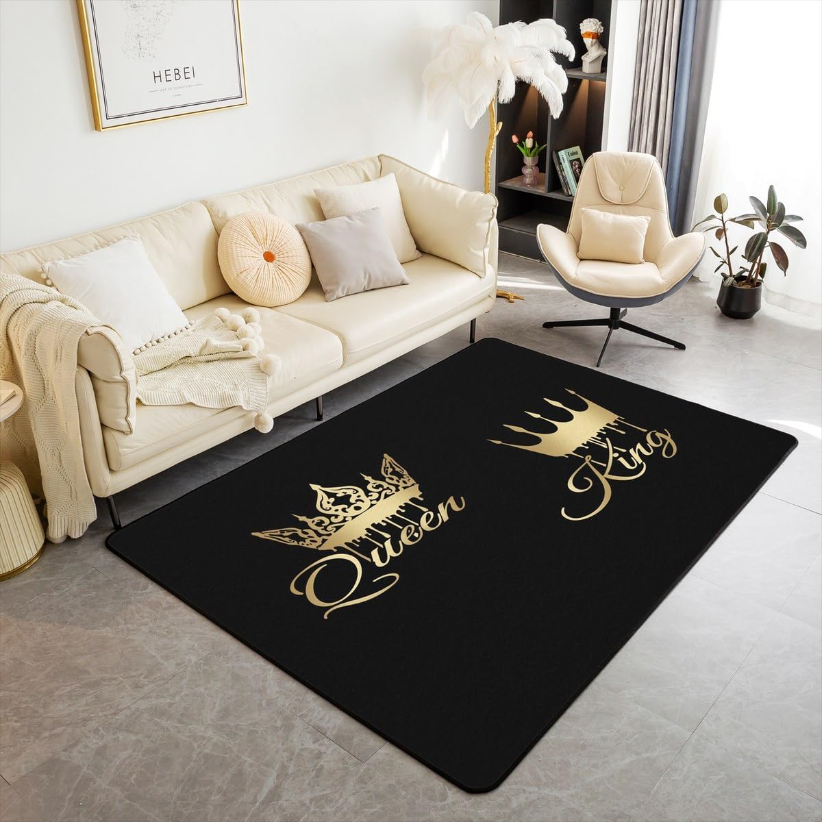 jejeloiu Queen and King Rugs for Living Room Bedroom Crown Pattern Area Rug 3x5 Inch for Kids Boys Girls Teens Modern Decorative Rug Set Gold Grey Black Indoor Floor Mat