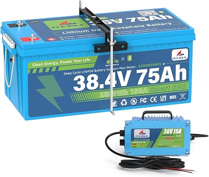 36V 75Ah LiFePO4 battery, Bluetooth 200A BMS and Touch LCD Display, 43.8V 15A Charger IP67, Mounting Racket, 38.4V 2880Wh with 10 Years Lifespan Max 4500W6HP Perfect for Golf Carts, Trolling Motor