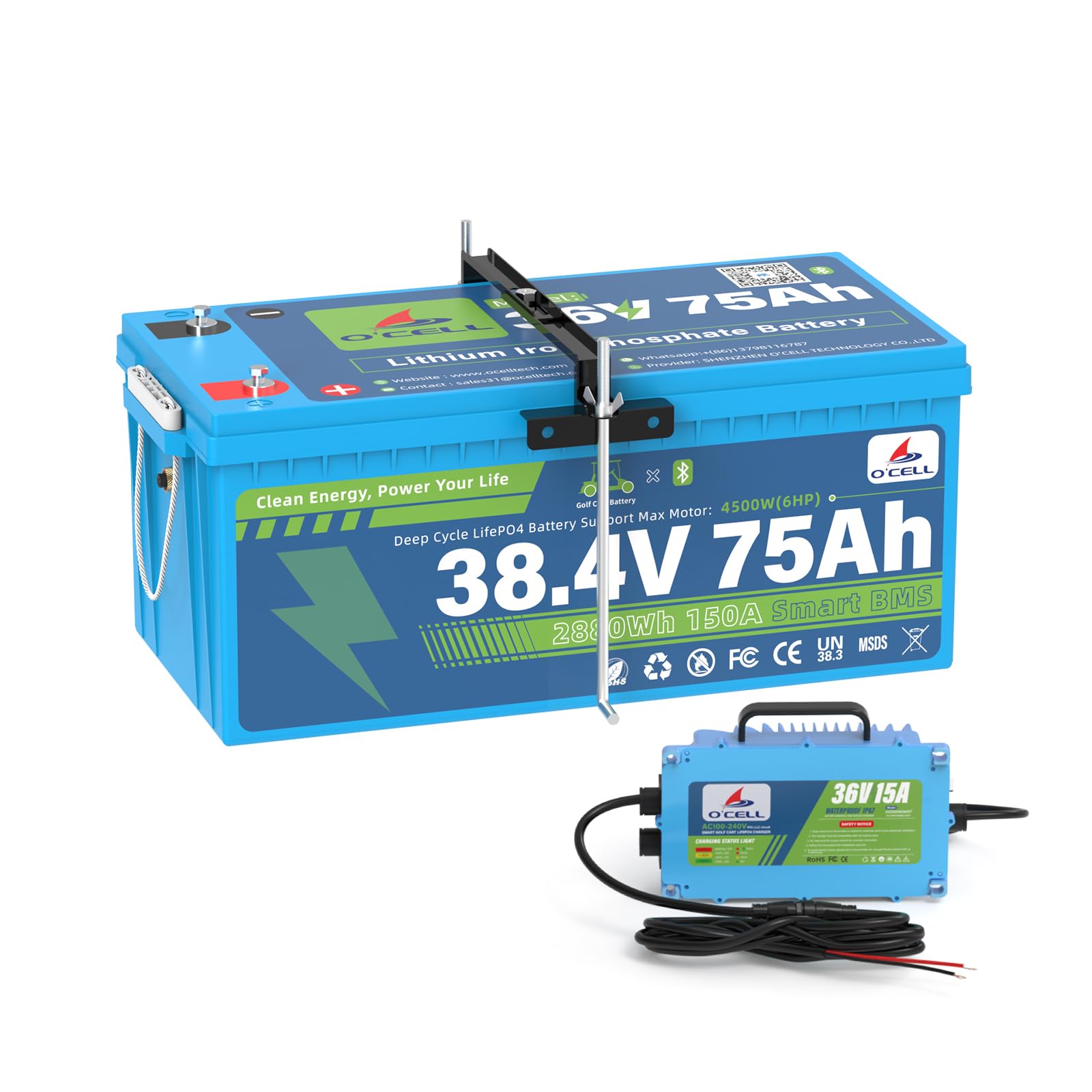 36V 75Ah LiFePO4 Golf Cart Battery with Bluetooth & Touch Monitor, 43.8V 15A IP67 Charger + Mounting Bracket, 150A Smart BMS 4000+ Cycles, Fits EZGO