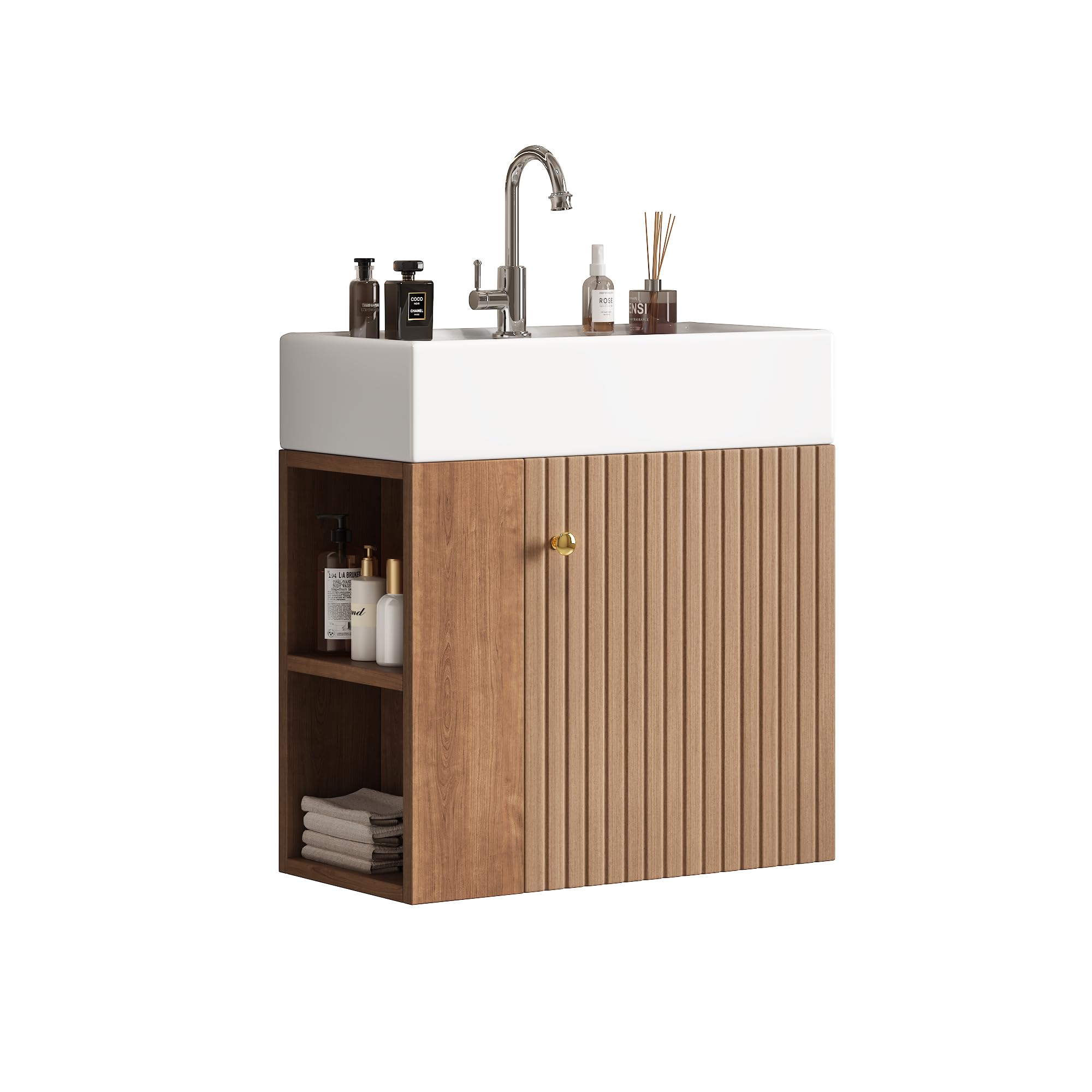HAINEW Lavabo con mobiletto da 55 cm, set di mobili da bagno con mobiletto da appendere, set da 2 pezzi con 1 anta e vano portaoggetti laterale, 55 x 31 x 66,5 cm (marrone)