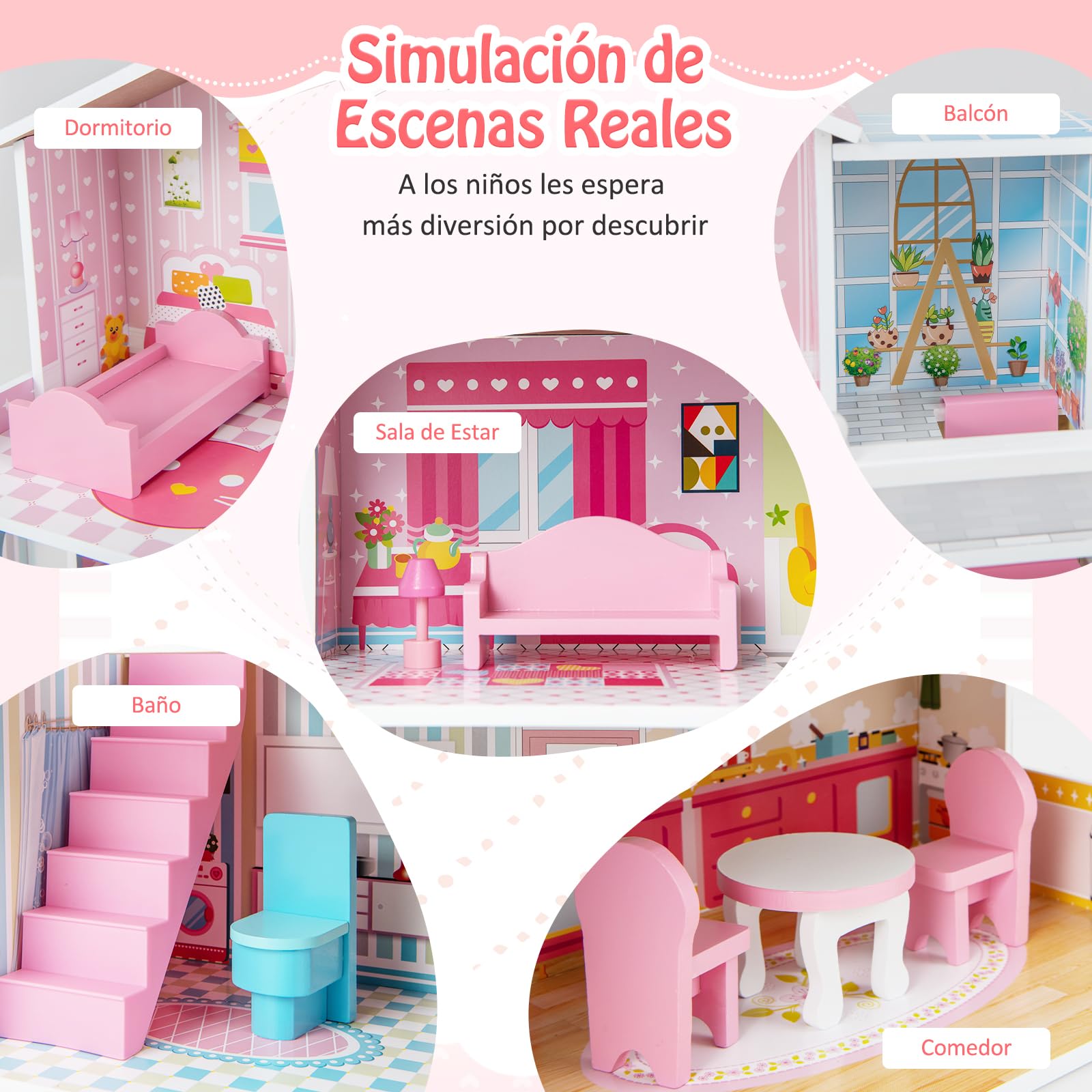 GOPLUS Casa de Muñecas de Madera, Casa de Ensueño de 3 Plantas con 5 Habitaciones Simuladas, 10 Piezas de Mobiliario, Juguete Educativo de Juegos de rol, Niñas de 3-7 Años