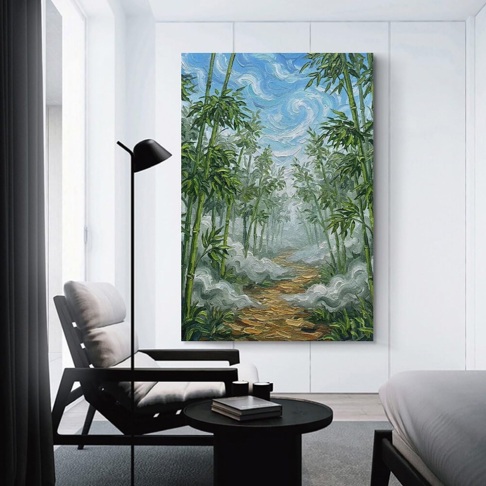 Junmoney Bamboo Forest Path Oil Painting Canvas Art Print, 20x30inch(50x75cm), for Hallway, Bedroom Or Modern Interiors, A Wall Art Gift for Fresh Interiors