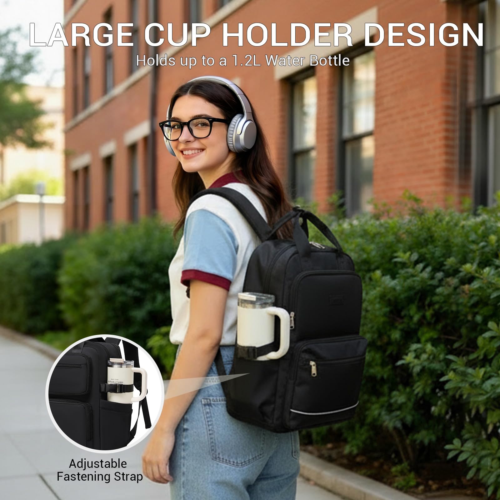 KONO Zaino Donna Porta PC 15,6 Pollici, Impermeabile e Grande Capacità con Tasca Porta Borraccia, Zaino Antifurto per PC Portatile, per Lavoro, Università e Viaggio (Nero)