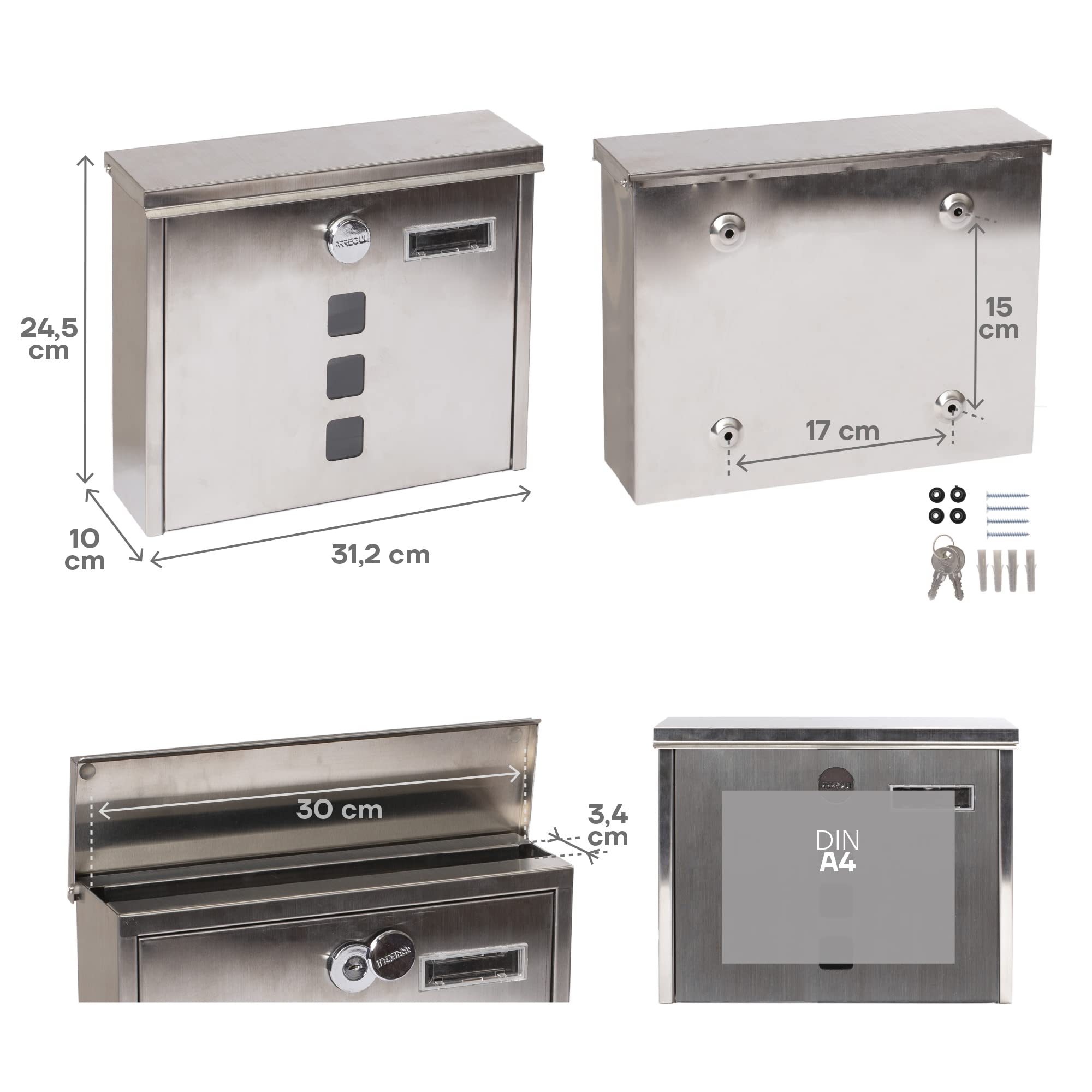 ARREGUI Chance E7107 Buzón Exterior de Acero Inoxidable, Tamaño M (DIN A4), Buzón de Correo con Cerradura Tapada y Tarjetero, Buzón de Pared Mediano, Anticorrosivo, Fácil de Instalar, INOX