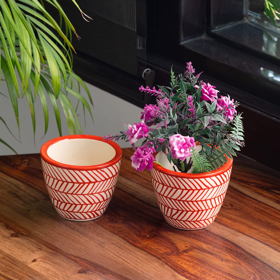 ExclusiveLane Red Chevrons Handpainted Decorative Ceramic Pots for Plants | Garden Decoration Items | Ceramic Table Planters for Living Room (Set of 2, 3 Inches) (B0B12DZMYN) Amazon Price History, Amazon Price Tracker