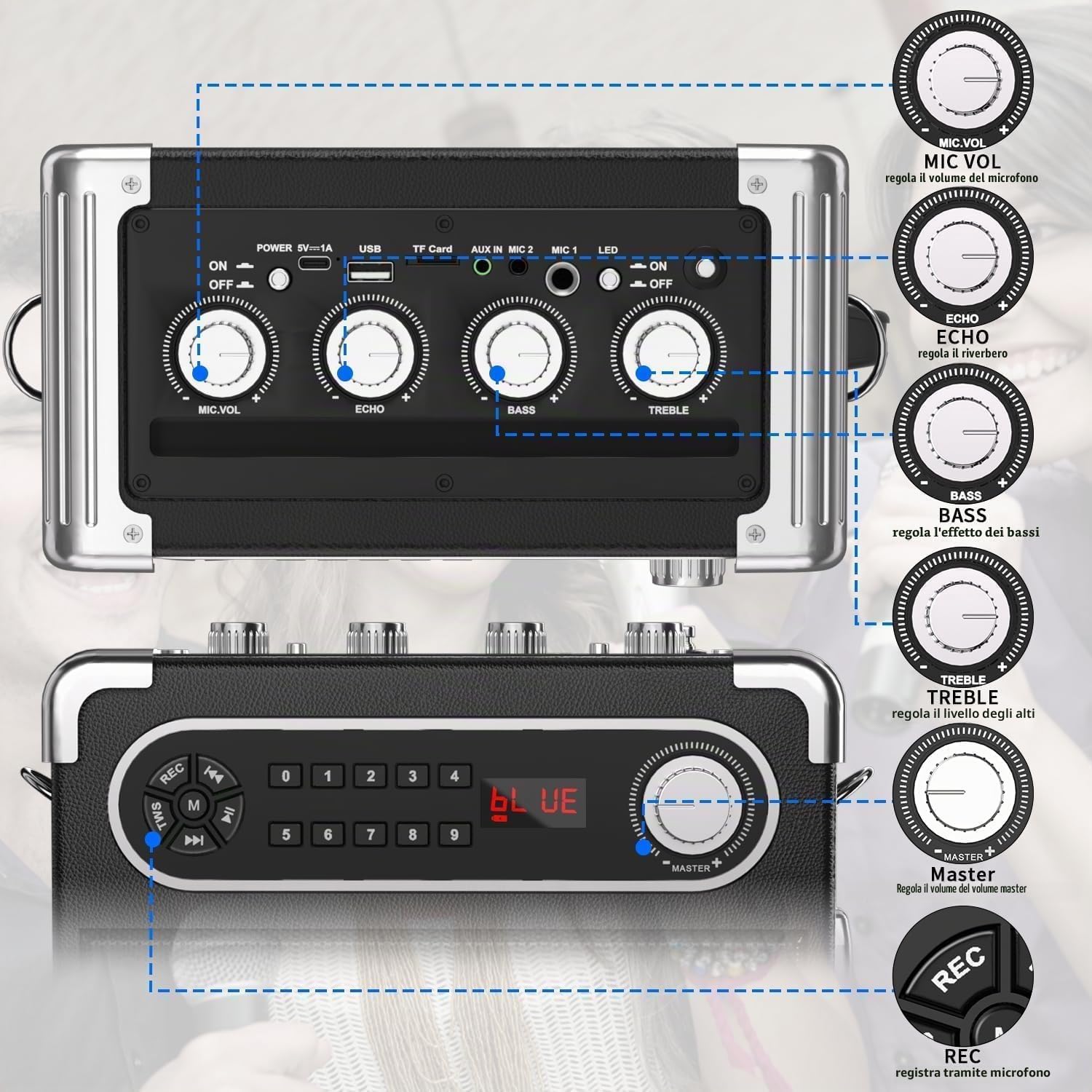 Macchina per karaoke con 2 microfoni wireless, altoparlante portatile Bluetooth 5.3 con luci LED, regolazione bassi/acuti, sistema PA con telecomando, supporta FM/AUX/USB/TF per feste