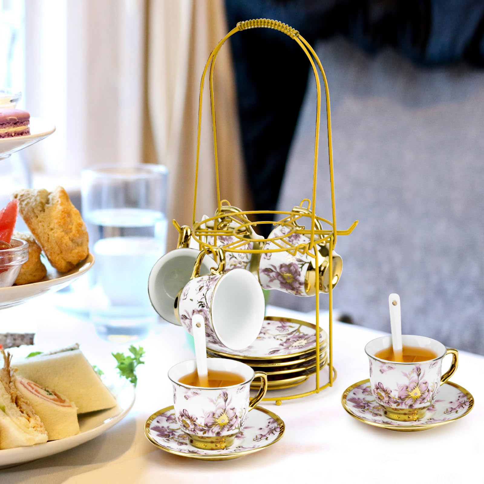 Juego de té de porcelana de 20 piezas con soporte de metal, regalo para adultos, juego de té de cerámica europea para adultos, juego de platillo de taza de té de flores para fiesta con pintura de