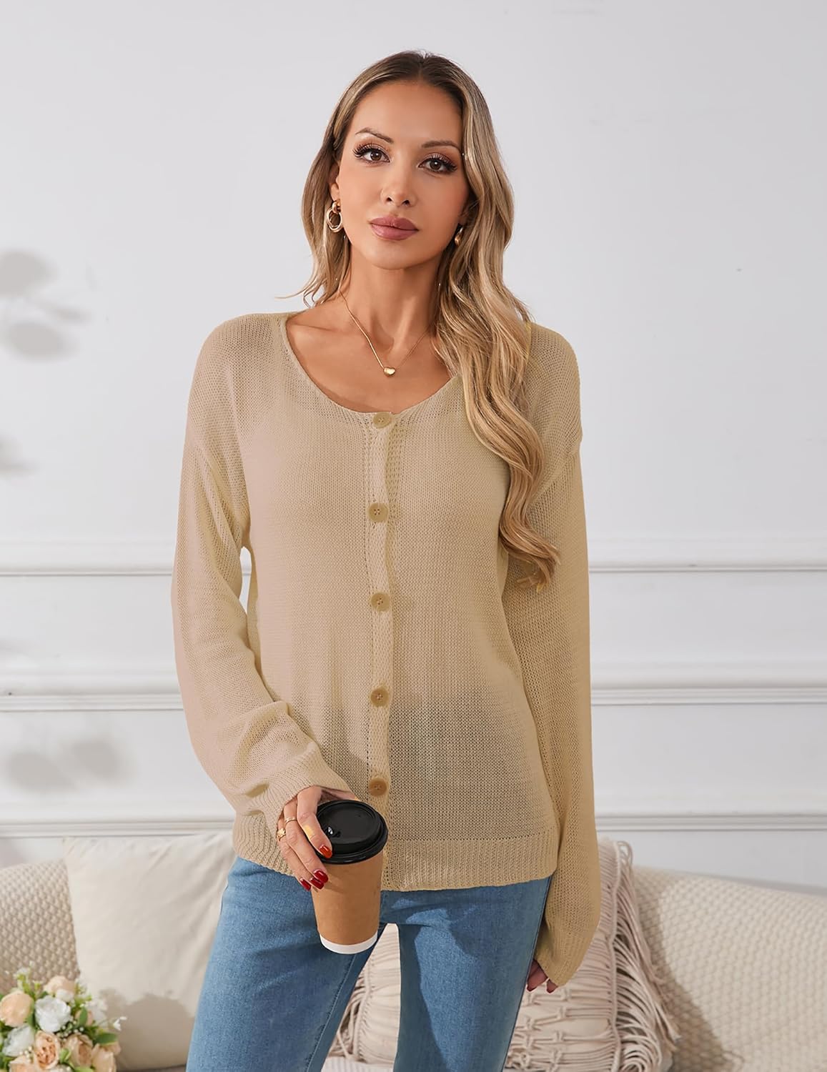 Womens Oversized Lightweight Sheer Button Cardigan Spring 2025 Trendy Solid Ribbed Knit Long Sleeve Thin Sweater - Image 2