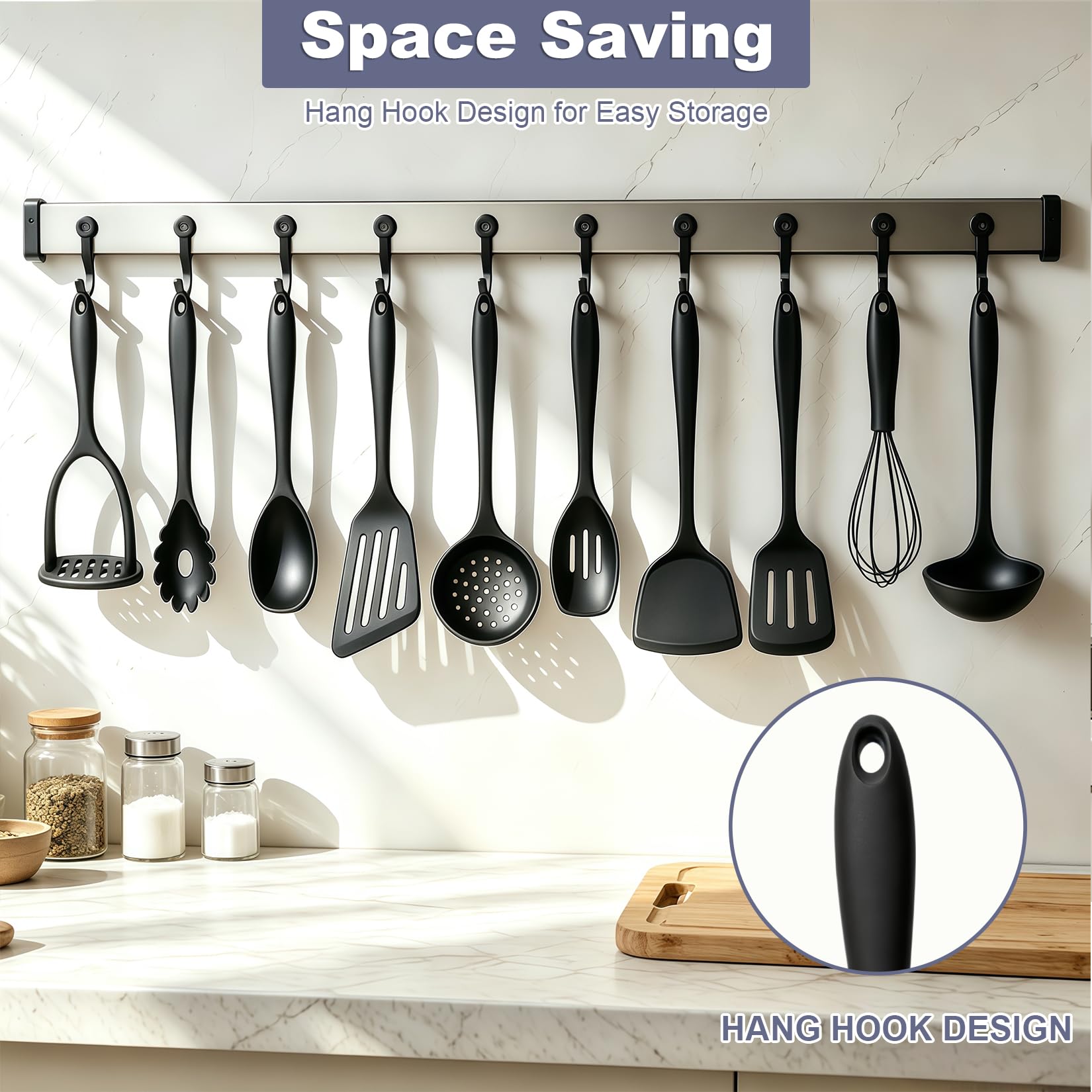 Lot de 10 ustensiles de cuisine en silicone épais - Antiadhésifs - Résistants à la chaleur - Sans BPA - Avec spatule, cuillère et louche (noir)