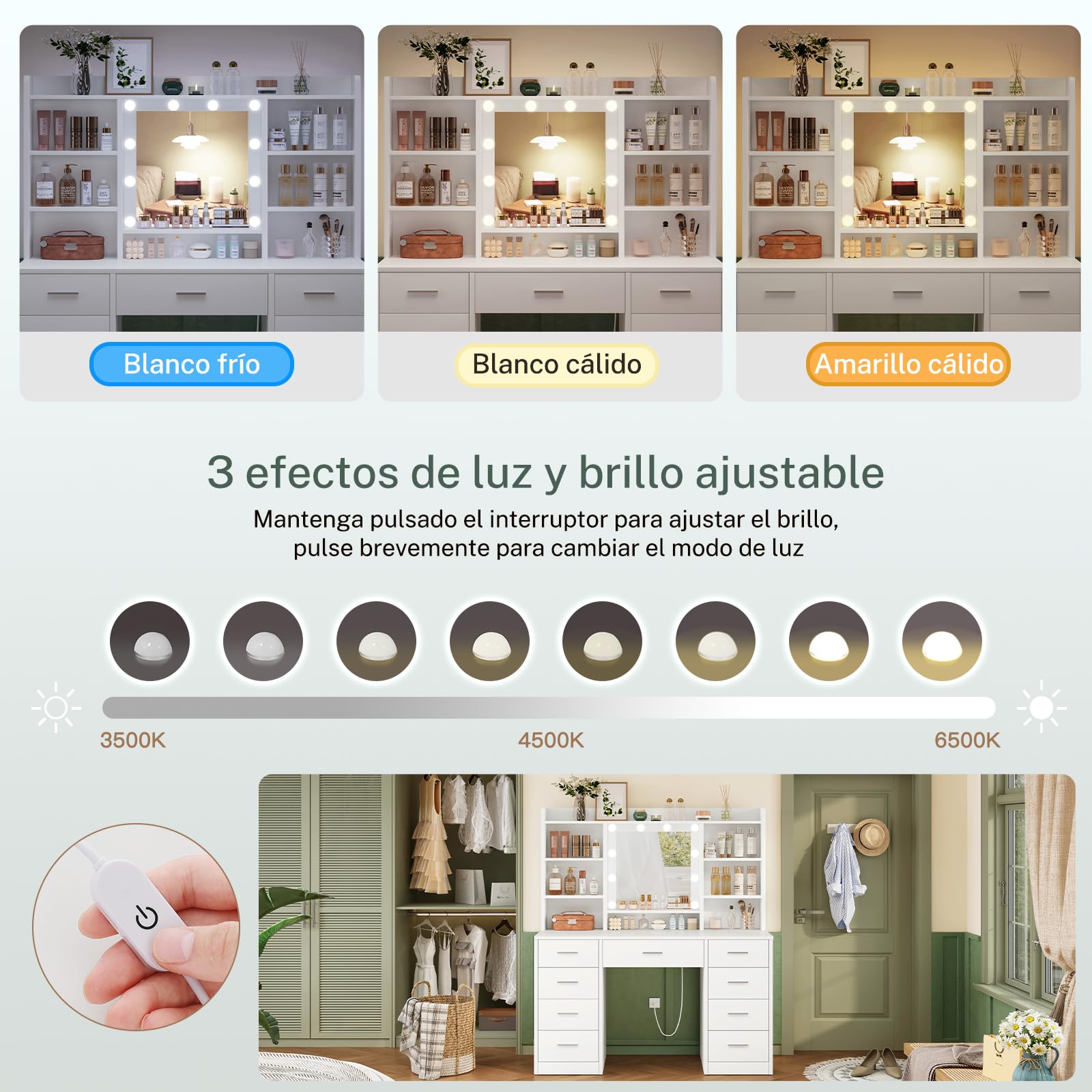 TEENFON Grande Tocador de Maquillaje con Espejo, Luces LED 3 Colores y Brillo Ajustable, Mesa de Maquillaje con Enchufes, Cajones, Estantes Abiertos, Blanco, 9 Cajones y 6 Estantes Abiertos