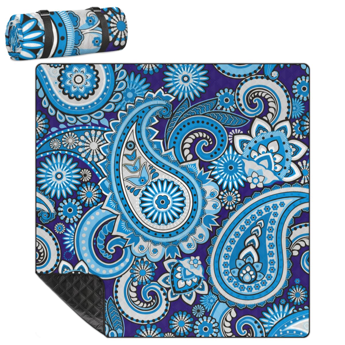 Shimoshe Extra Large Picnic Blankets 79”x 79”, Paisley Flower Ethnic Waterproof Foldable Picnic Mat with Straps Portable Beach Blanket for Camping Park Grass Beach Indoor