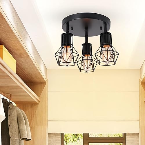 Miniatura 6 de Lámpara de techo de montaje empotrado de 3 luces, lámpara de techo industrial para cocina, E26, color negro, para comedor, pasillo, entrada
