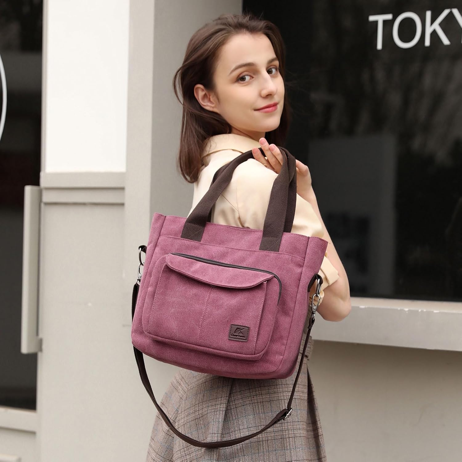 ZHIERNA Women's Canvas Tote Purse Casual Shoulder Crossbody Bags Small Handbag, Multi-pocket Top Handle Work Bag - Image 6