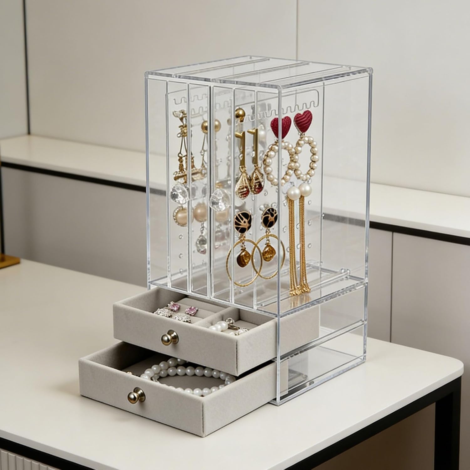 HURRISE Jewelry Organizer Earring Display Holder with Pinholes for Studs Drops Hooks Multiple Compartments for Necklaces Bracelets Rings (Transparent)