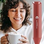 Powerful Milk Frother Handheld Foam Maker, Mini Whisk Drink Mixer for Coffee, Cappuccino, Latte, Matcha, Hot Chocolate, with Stand, Red