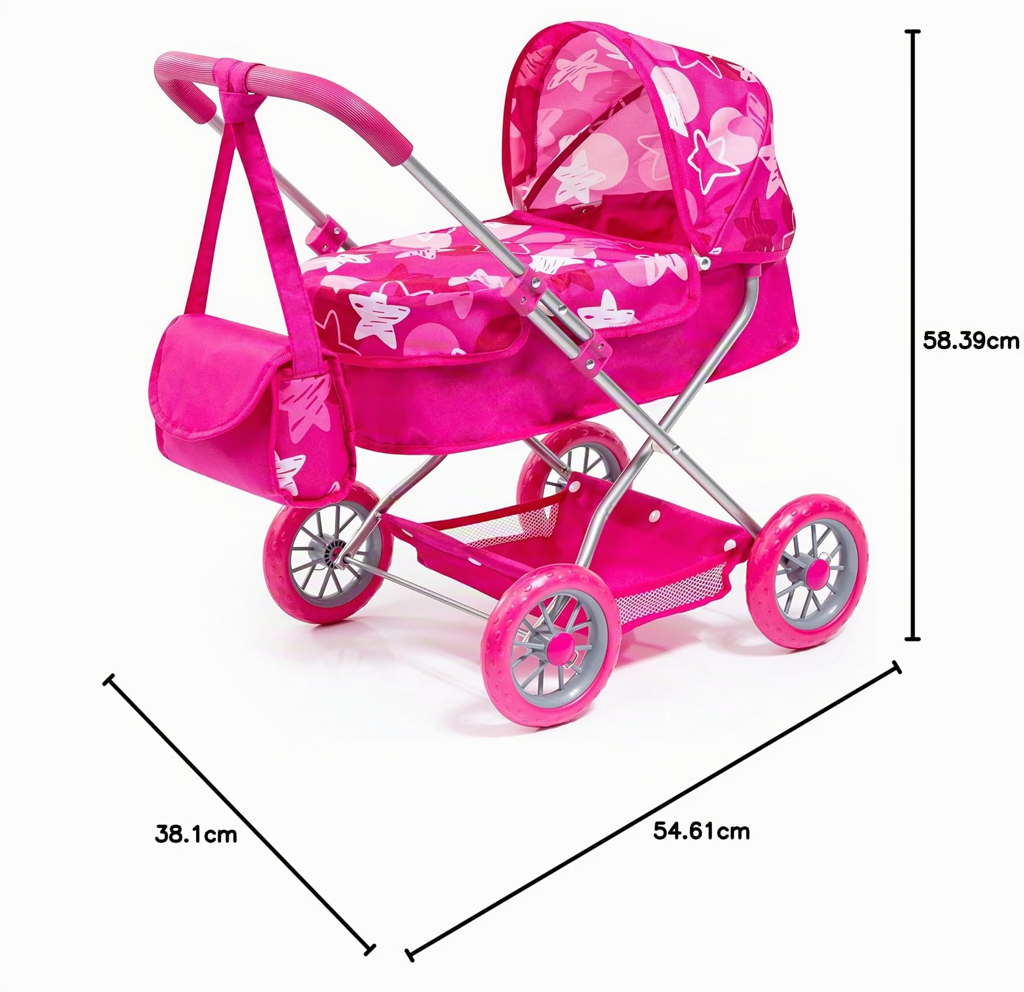 Bayer Design Puppenwagen Smarty mit Tasche, Schnuller, Teller, Besteck | integrierter Korb, für Rollenspiele geeignet, klassisches Modell