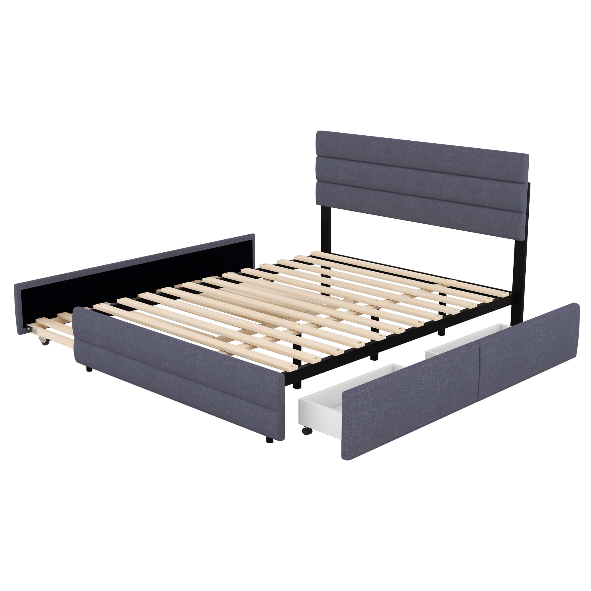 Moimhear Letto a due piazze con cassetti con ruote, 140 x 200 cm, per due persone, grigio