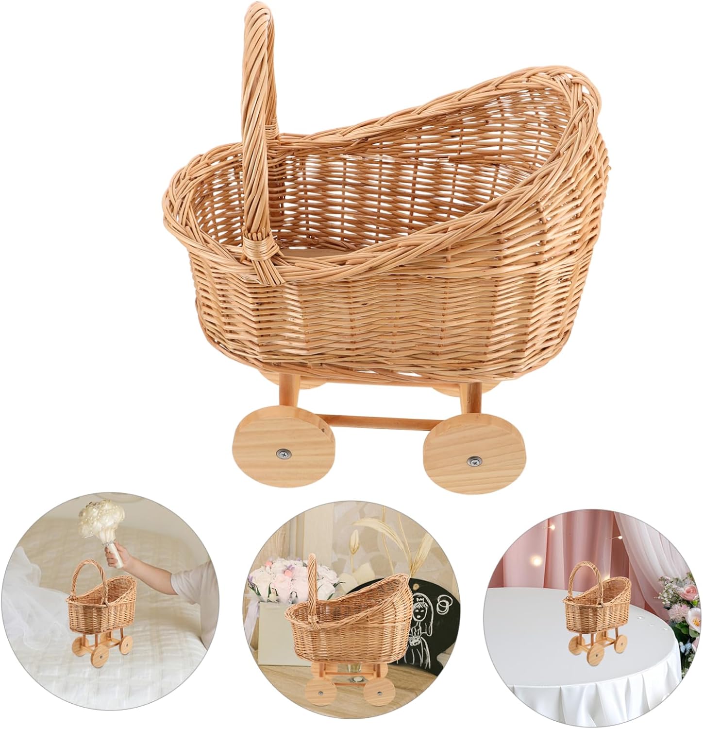 Handwoven Doll Stroller Flower Basket for Weddings Showers Elegant Light Brown Centerpiece for Decorations