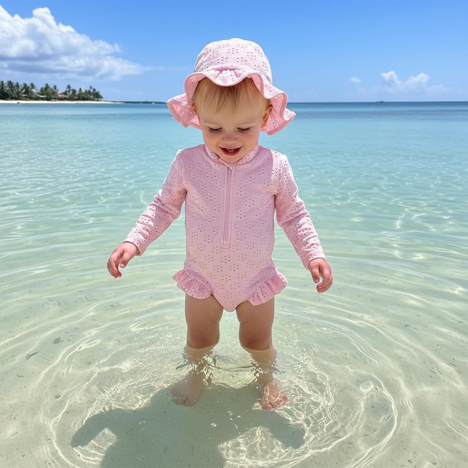 Yccutest Toddler Girl Solid Swimsuit Baby Long Sleeve Rash Guard Bathing Suit Girl One Piece Hollow Out Swimwear with Sun Hat - Image 8