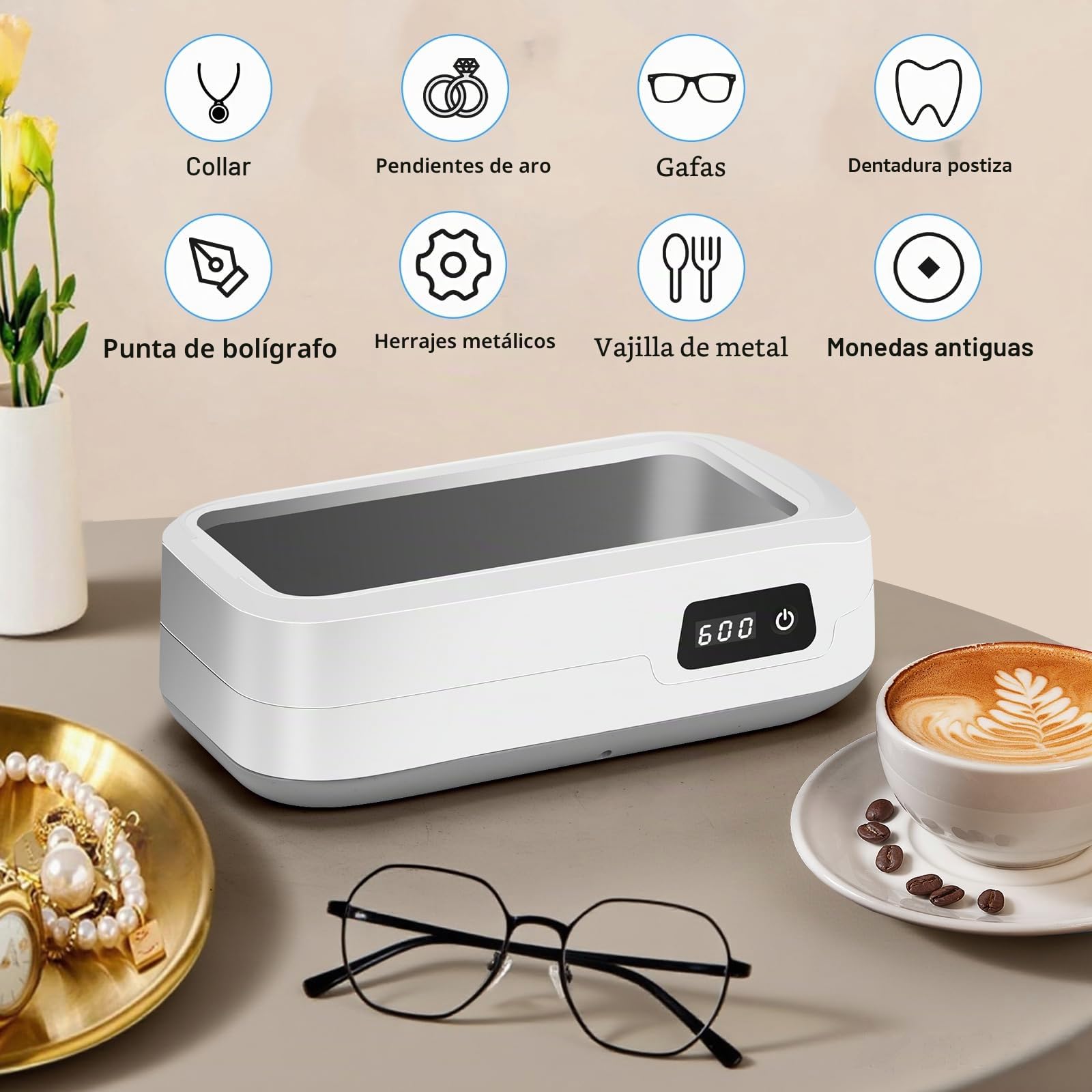 Ultrasonic Cleaner 49000Hz, 600ml Equipo De Limpieza De Gafas, Modo 4 Limpiador Ultrasonidos, Adecuado Para Gafas, Joyas, Relojes, Dentaduras Postizas, Monedas, Etc.