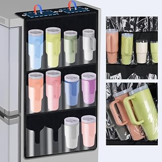 12-Pocket Magnetic Water Bottle Organizer for Fridge Fit for Stanley 30oz 40oz Tumblers, Fridge or Wall Mount Water Cup Holder, Over-the-Door Hanging Bottle Organizer, Oxford Fabric (Black)