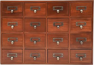 16-Drawer Wooden Storage Box (19.6”x3.54”x13.78”) Filing Cabinet in Walnut Wood - 16-Slot Wooden Desk Drawer Unit w/Label Holders & Handles - Label Holders, Jewelry & Makeup Organizer