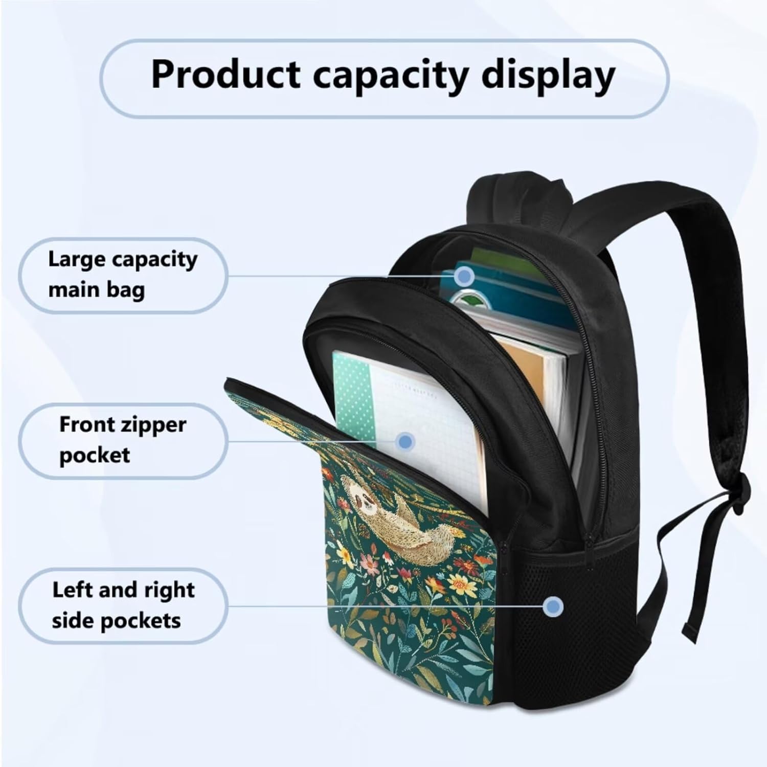 Sloth Floral School Backpack with Insulated Lunch Box Pencil Case Water Bottle Holder for Teens 4 Pcs Set, Student Bookbag School Bag Boys Girls Daypack for Travel Sport