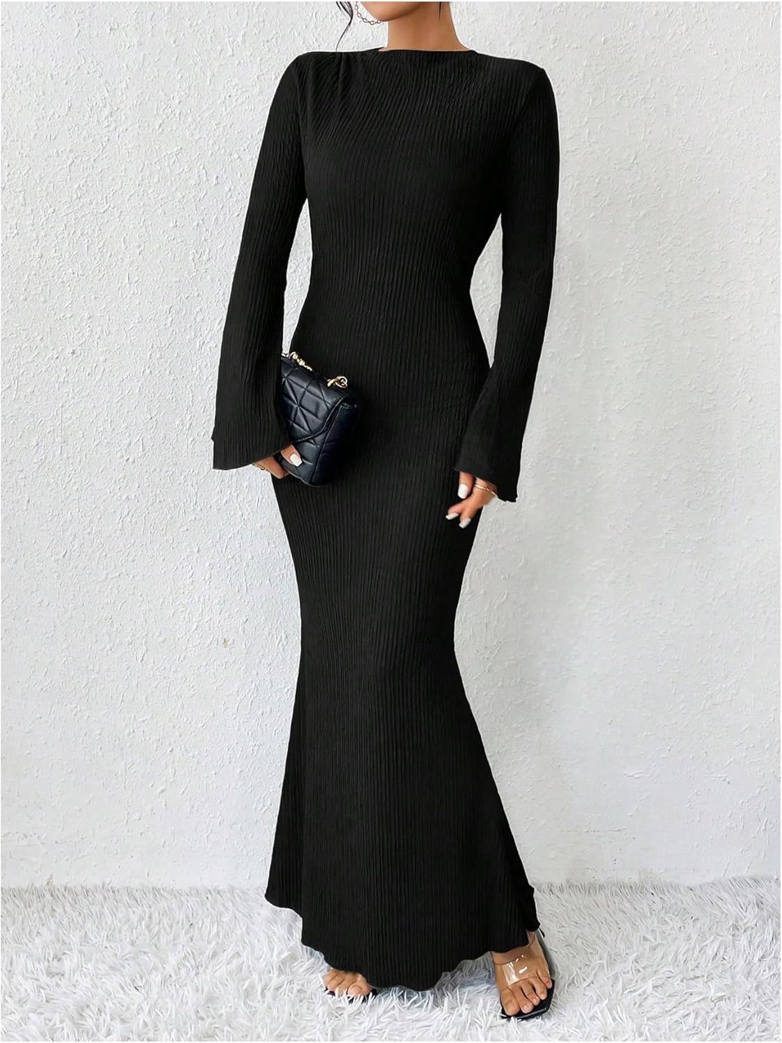 GORGLITTER Women's Bell Long Sleeve Cocktail Maxi Dress Crew Neck Bodycon Fishtail Casual Long Dresses - Image 4