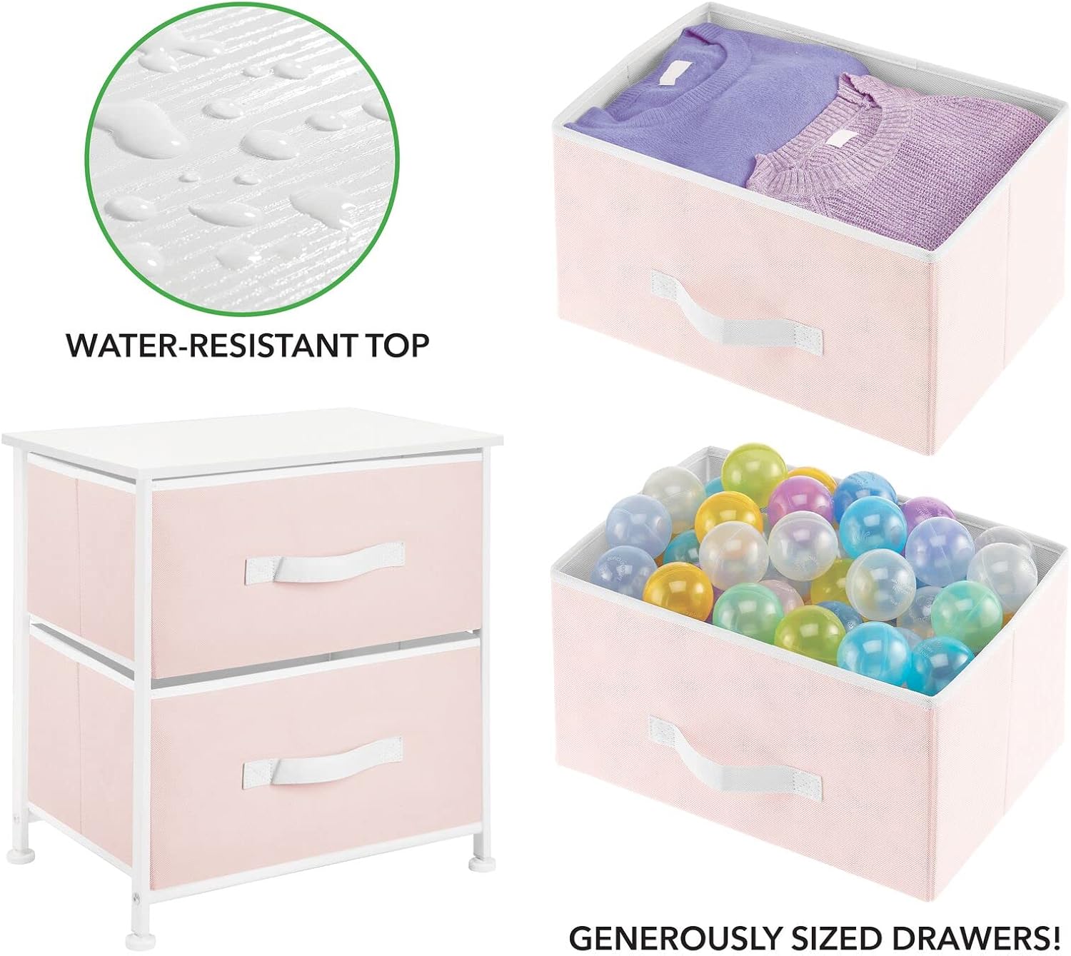 mDesign Small Storage Dresser End/Side Table Night Stand with 2 Removable Fabric Drawers - Organizer for Bedroom, Living Room, Closet - Hold Clothes, Linens, Accessories, Jane Collection, Pink/White