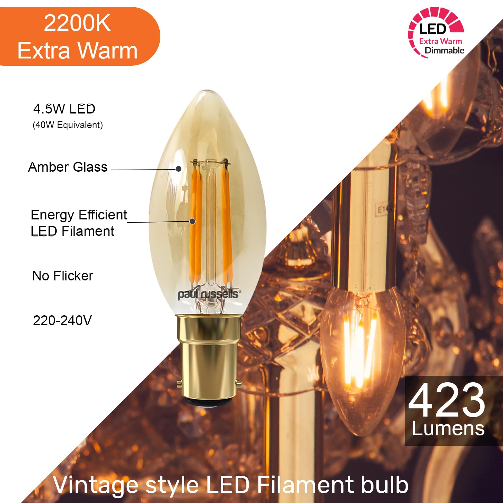paul russells LED Filament Candle, Dimmable Small Bayonet Cap B15 Light Bulbs, 4.5Watt 423LM C35 Bulbs, 40w Equivalent - Image 4